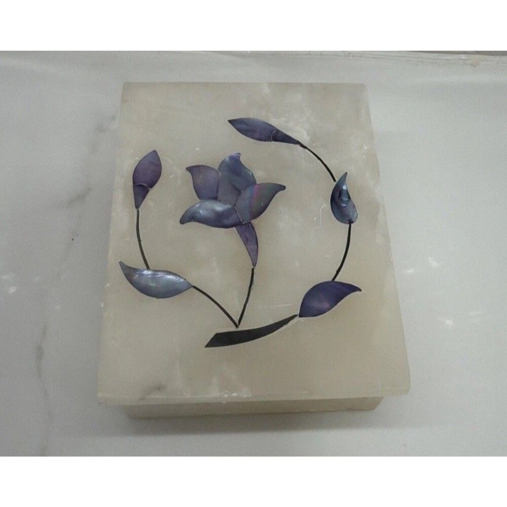 Handmade White Marble Trinket Box Mother of Pearl Floral Inlay Luxury Decor Gift